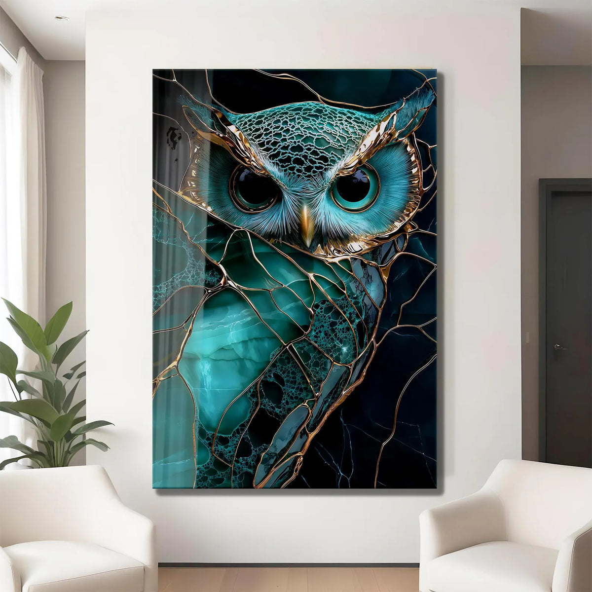 Gufo Turchese Quadro in Vetro Temperato