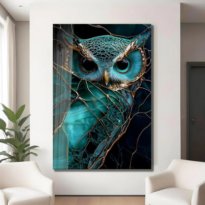 Gufo Turchese Quadro in Vetro Temperato
