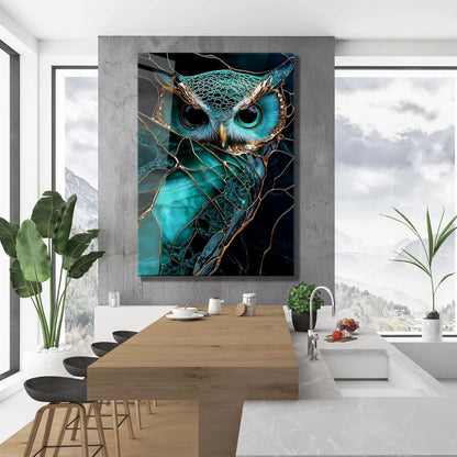 Gufo Turchese Quadro in Vetro Temperato