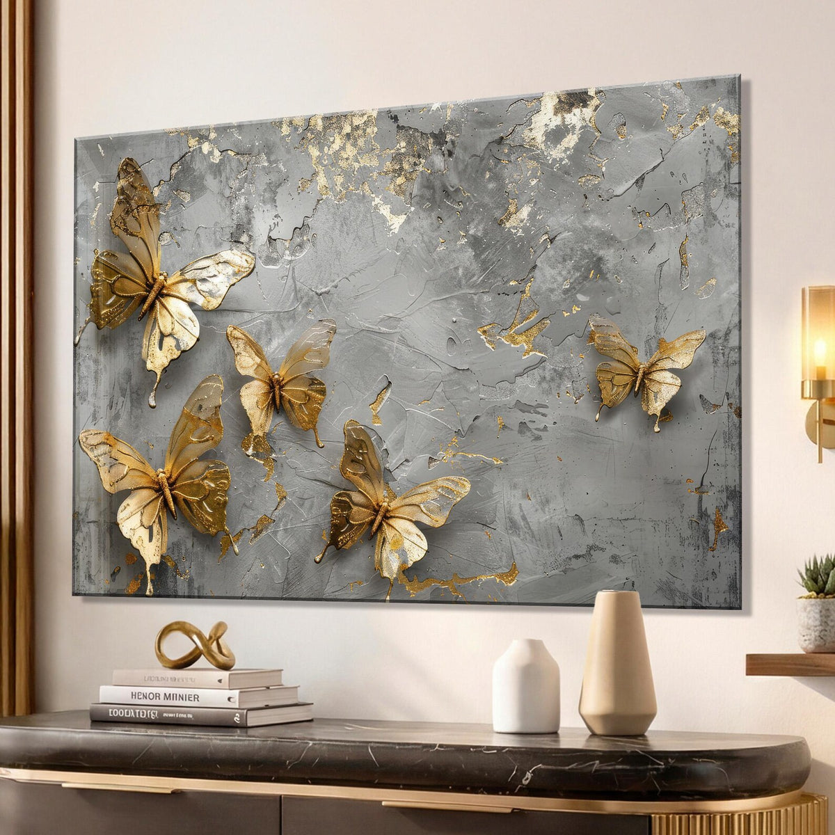 Farfalle Dorate su Marmo Quadro in Vetro Temperato