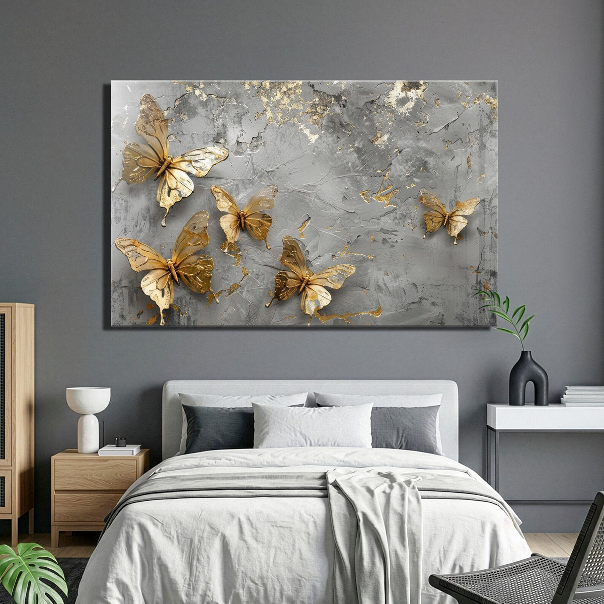 Farfalle Dorate su Marmo Quadro in Vetro Temperato