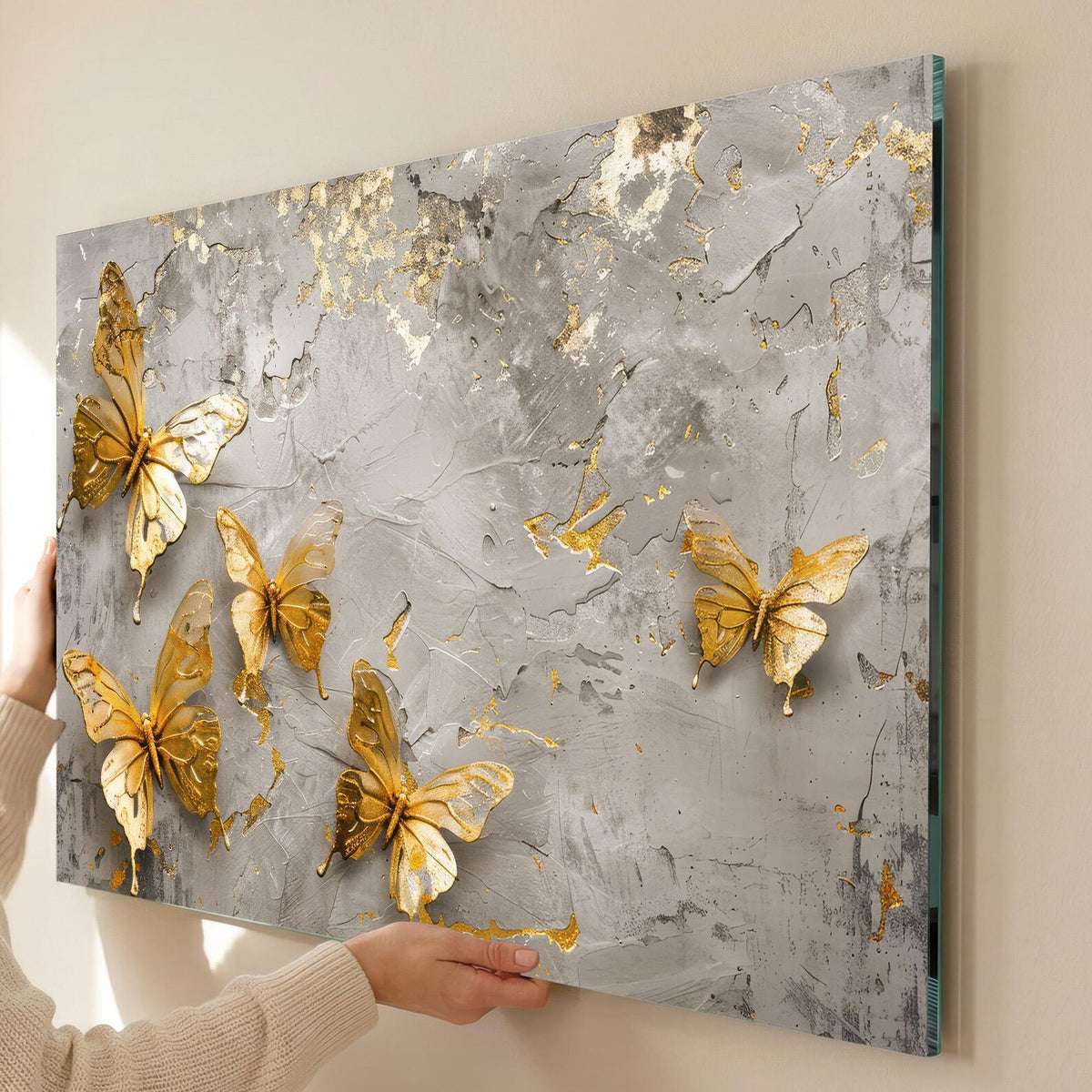 Farfalle Dorate su Marmo Quadro in Vetro Temperato