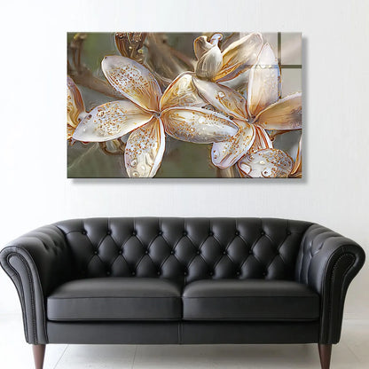 White Gold Flowers Glass Wall Art