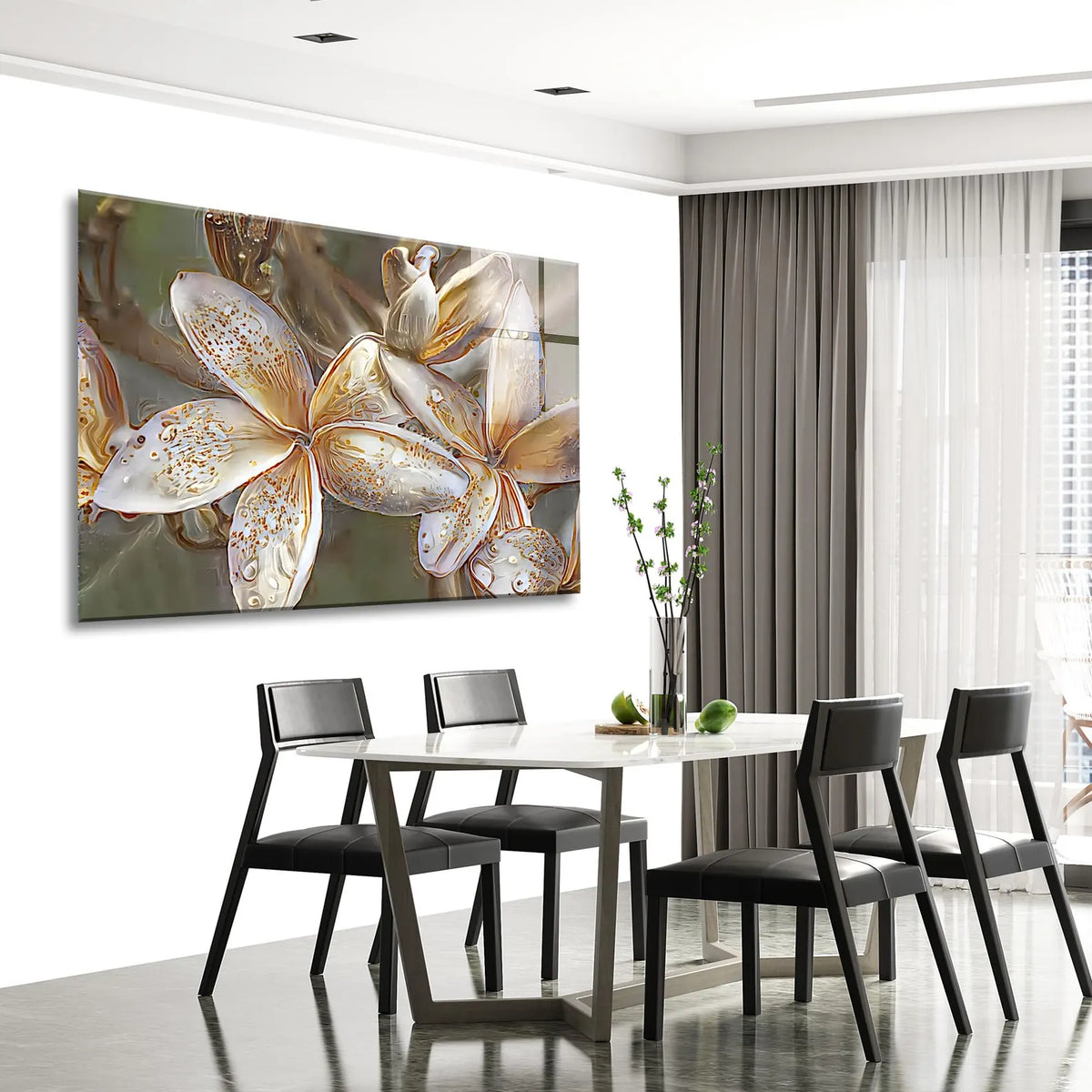 White Gold Flowers Glass Wall Art