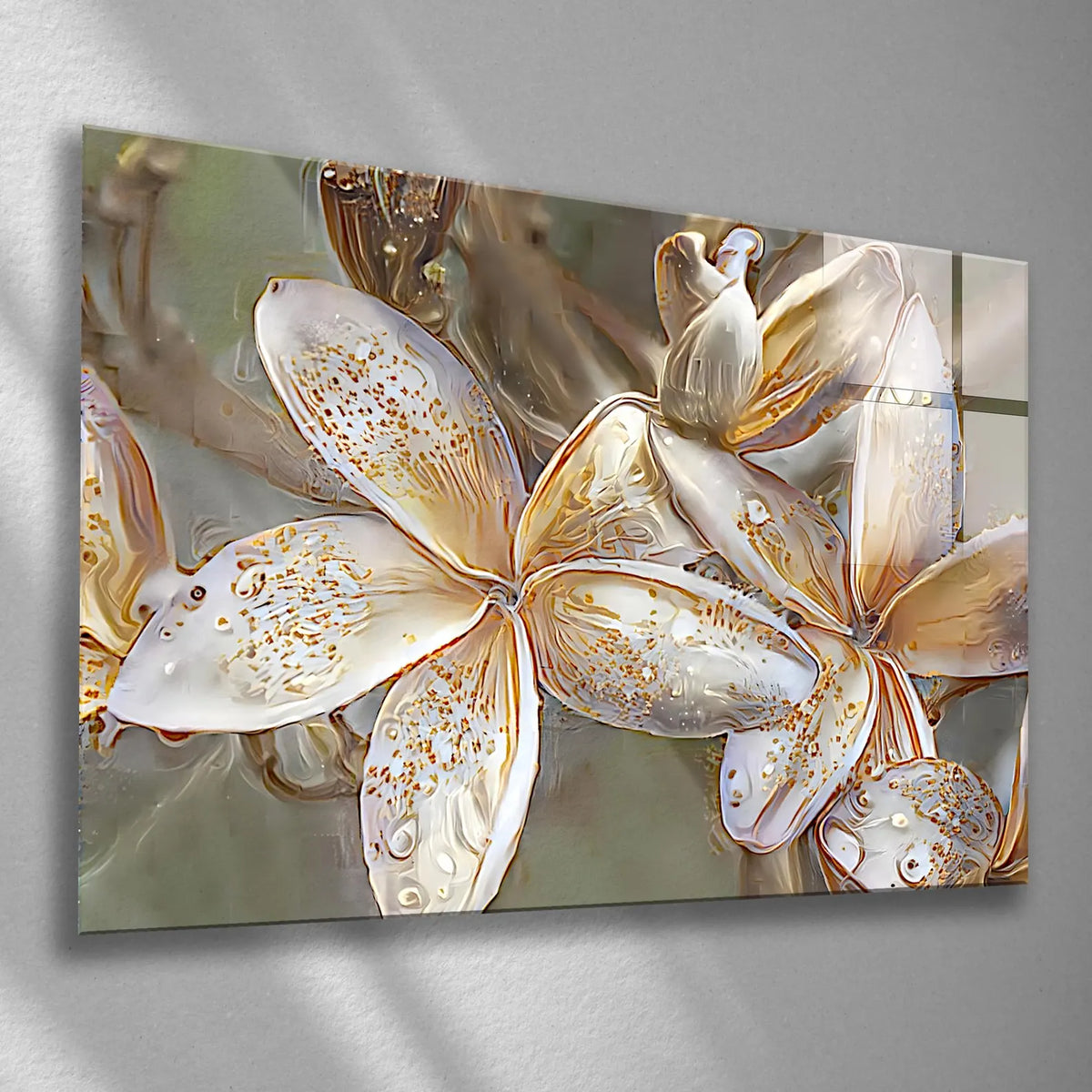White Gold Flowers Glass Wall Art