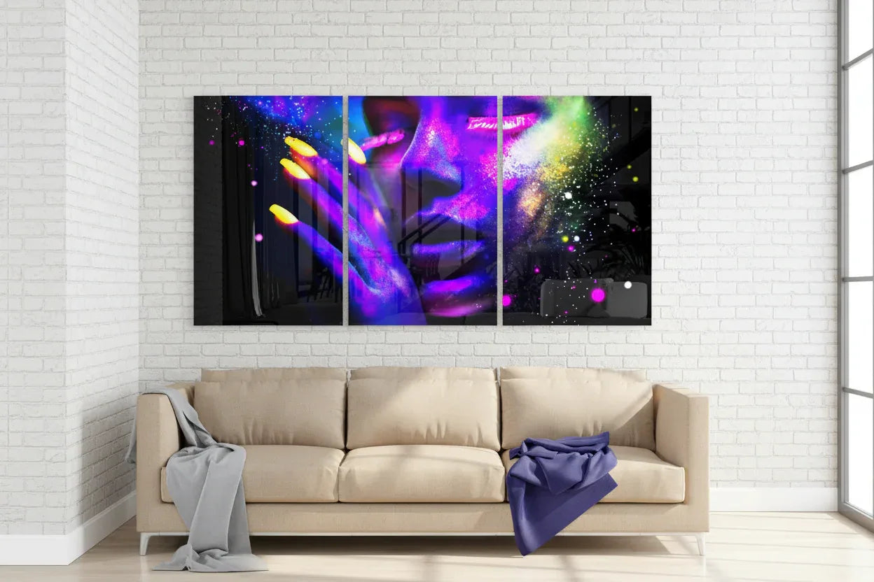 Neon Woman Glass Wall Art - LUXARTDECO