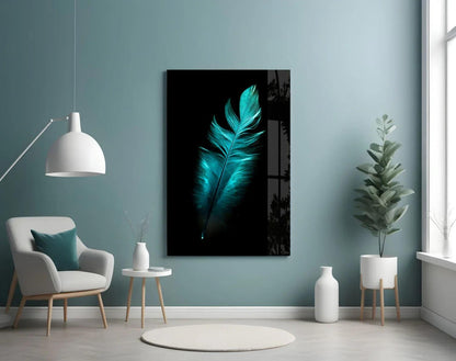 Green Feather Glass Wall Art - LUXARTDECO