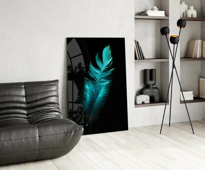 Green Feather Glass Wall Art - LUXARTDECO
