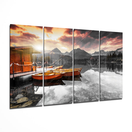 Sunset and Boats 4 Pieces Mega Glass Wall Art (150x92 cm)
