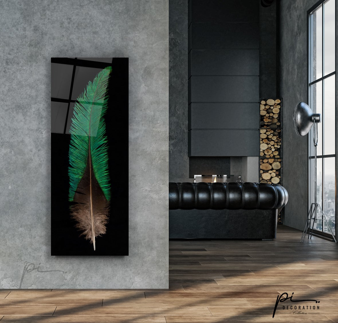 Green Feather Glass Wall Art