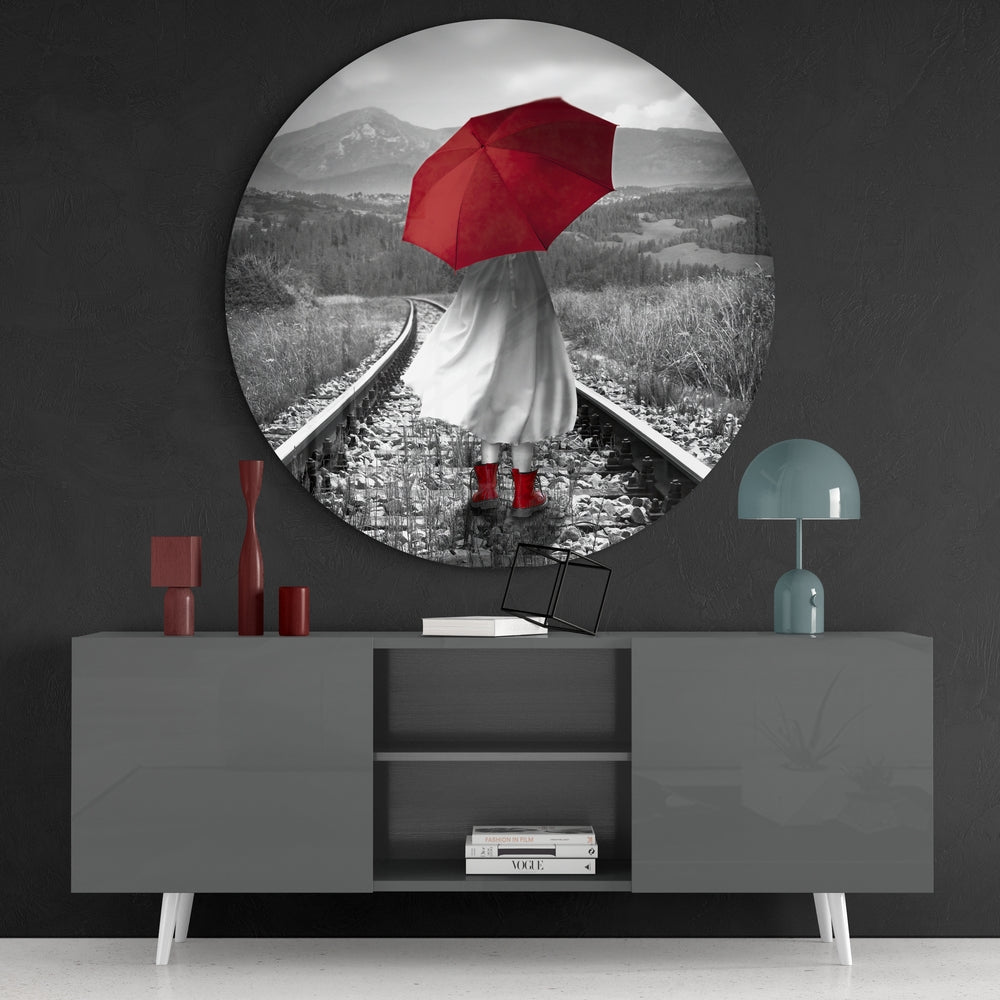 Girl with Red Umbrella Glass Wall Art