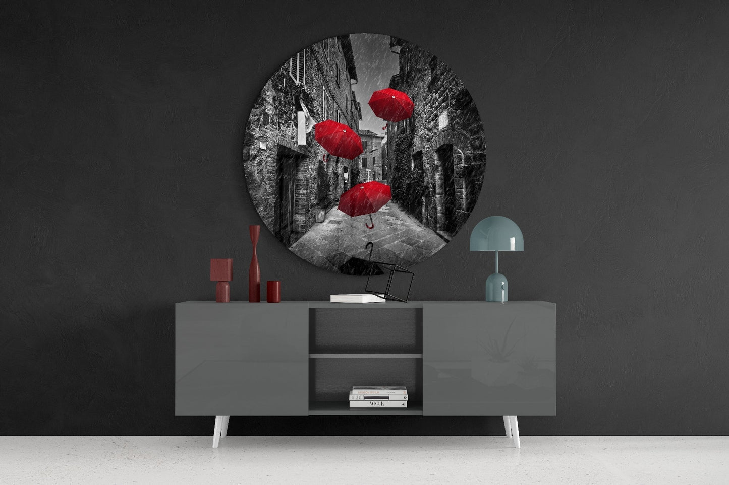 Red Umbrellas Glass Wall Art