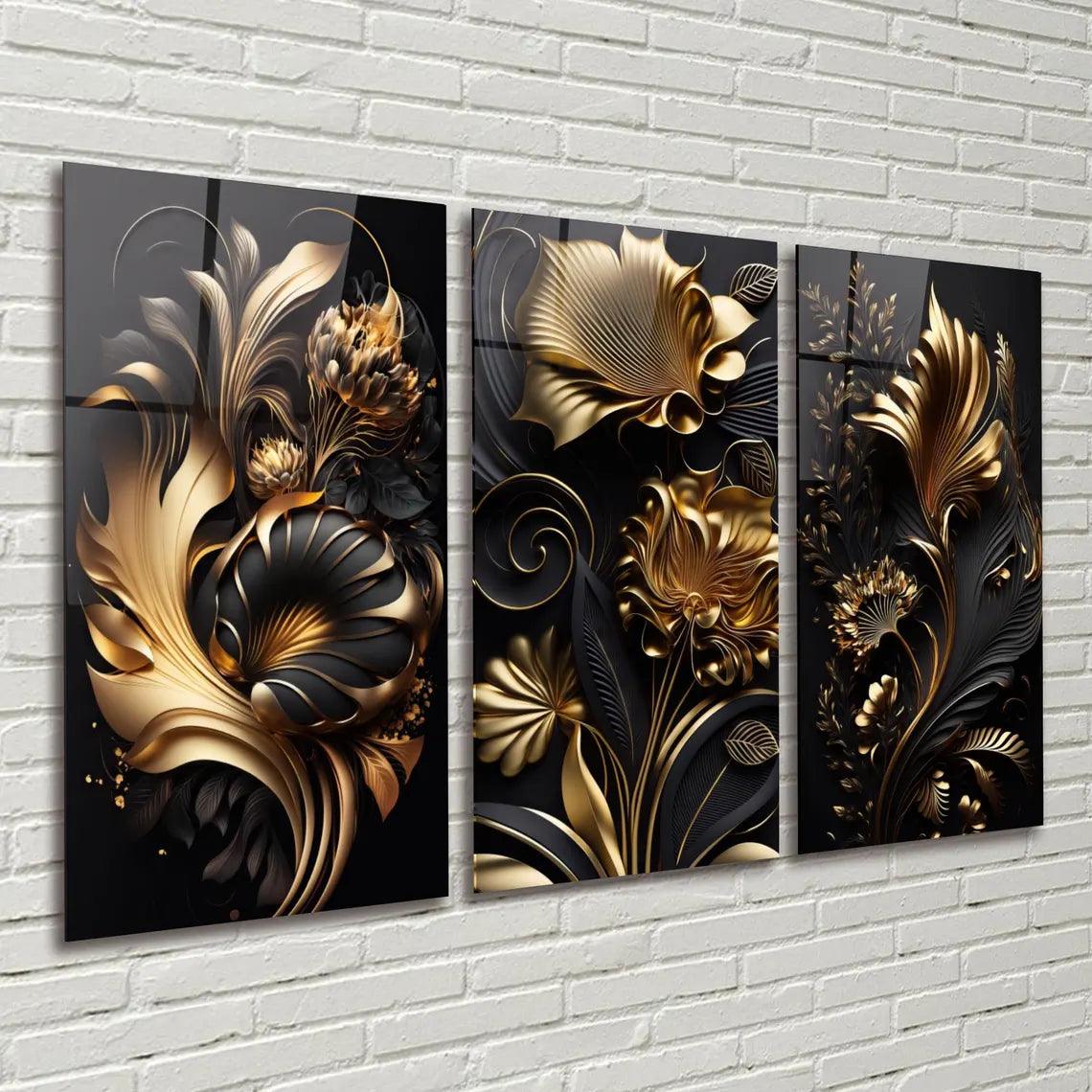 Foglie Botaniche Dorate Quadro in Vetro Temperato