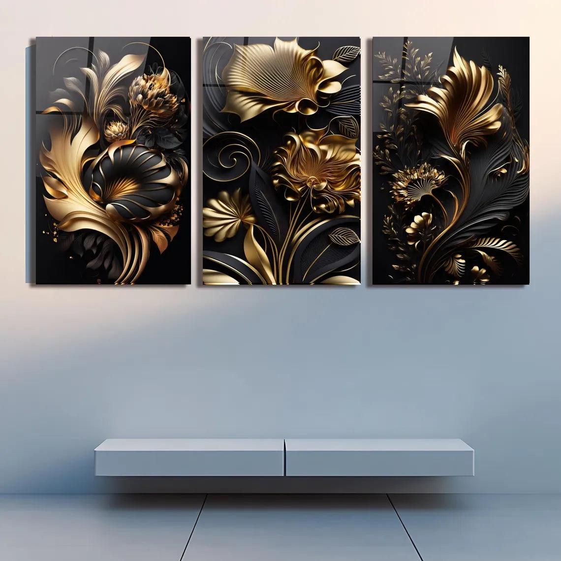 Foglie Botaniche Dorate Quadro in Vetro Temperato