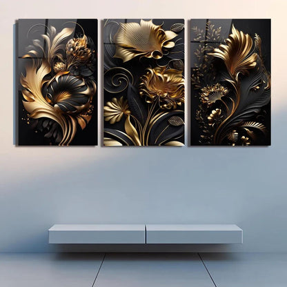 Foglie Botaniche Dorate Quadro in Vetro Temperato