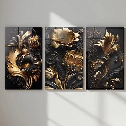 Foglie Botaniche Dorate Quadro in Vetro Temperato