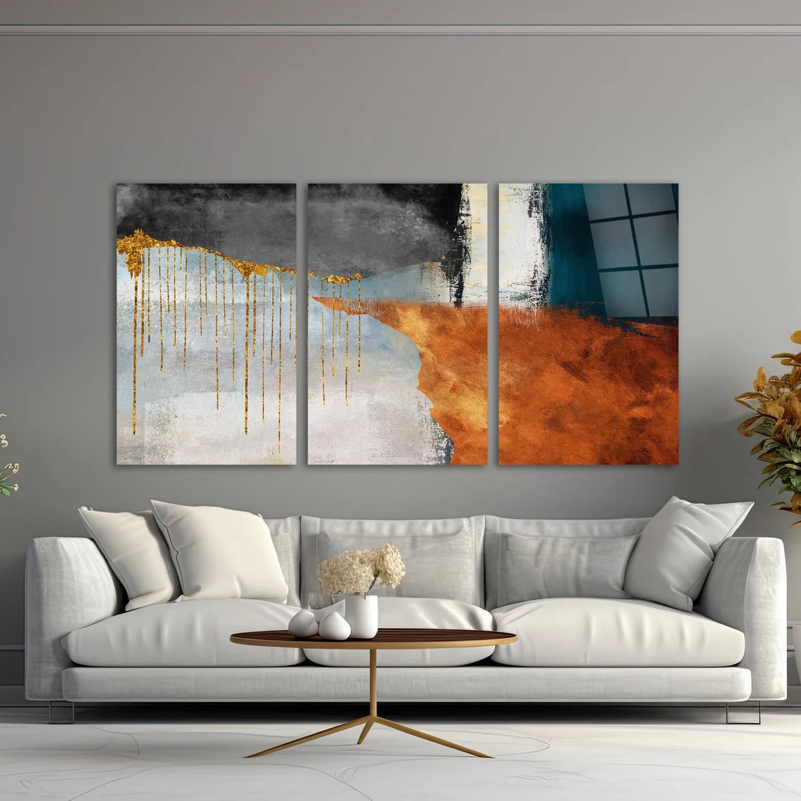 Abstrait Gold Drip Tableau en Verre Trempé