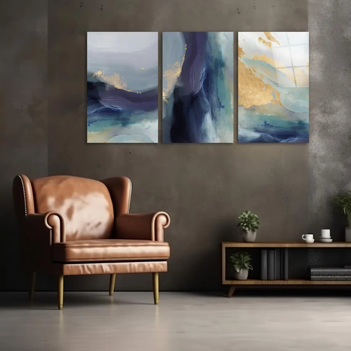 Bleu Marine et Or Tableau en Verre Trempé