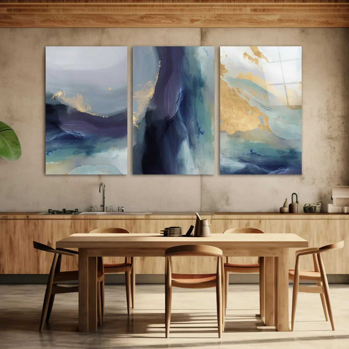 Bleu Marine et Or Tableau en Verre Trempé