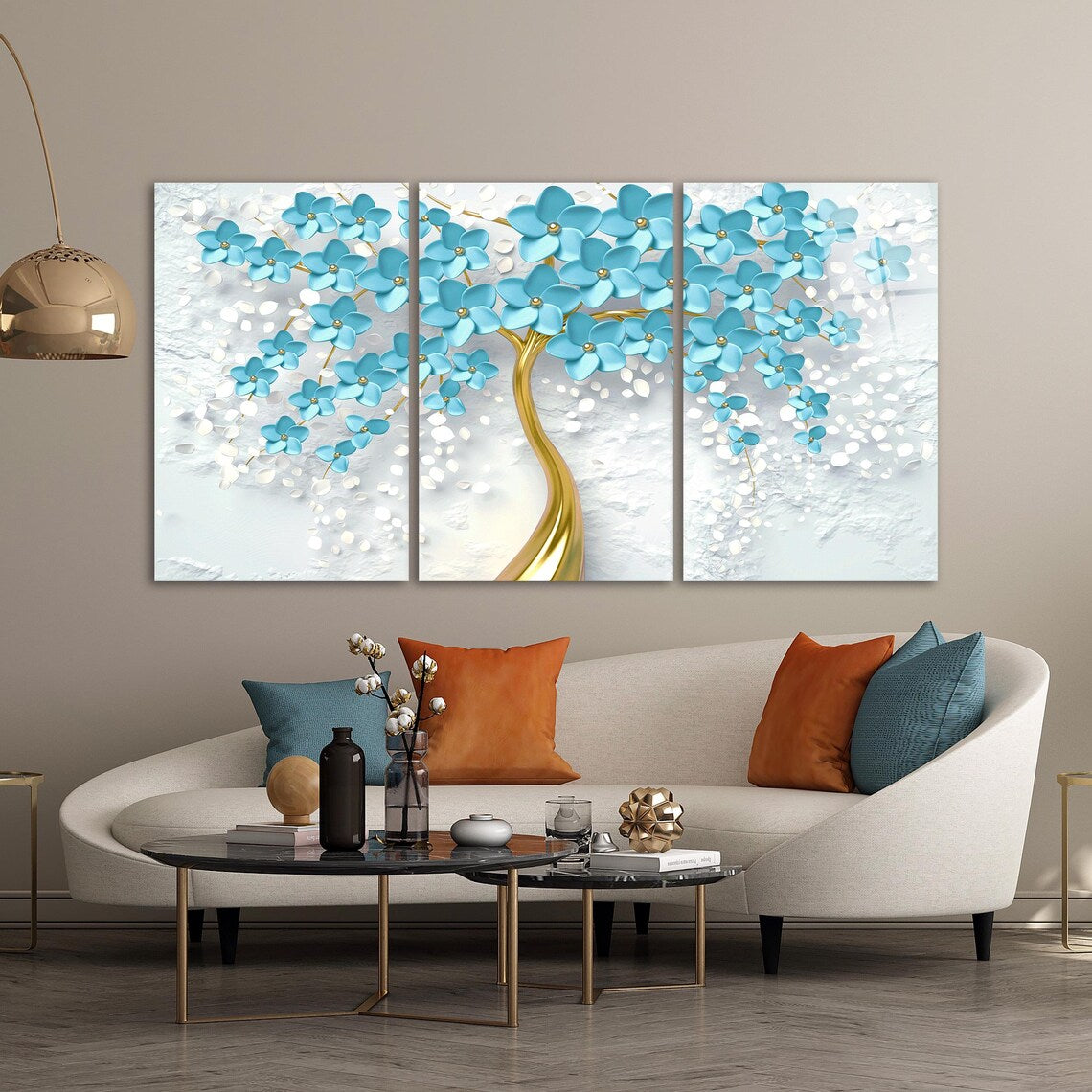 Arbre à Fleurs Turquoise Tableau en Verre Trempé