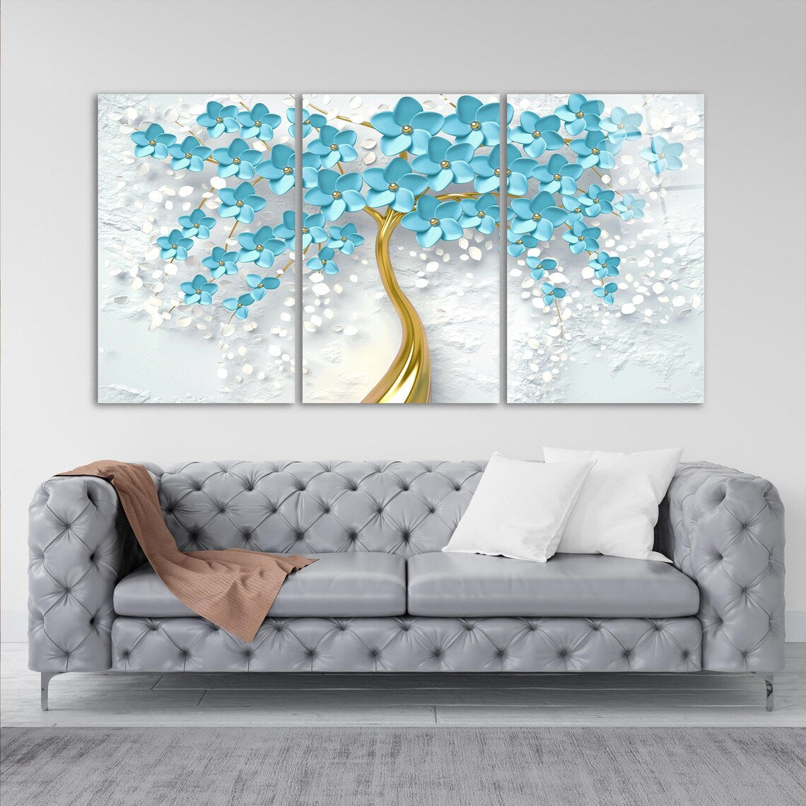 Arbre à Fleurs Turquoise Tableau en Verre Trempé
