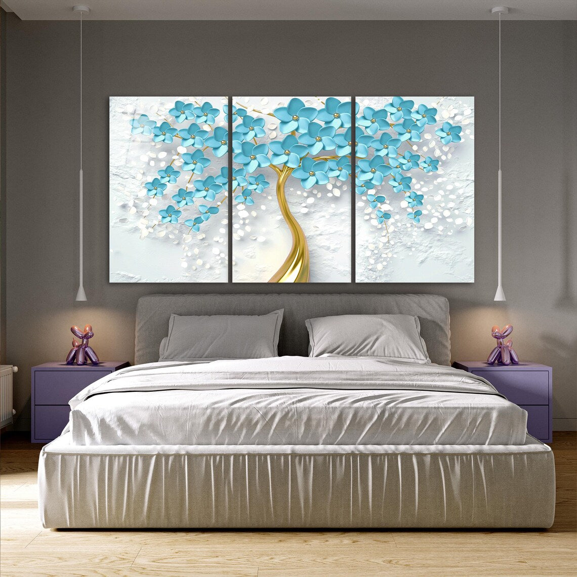 Arbre à Fleurs Turquoise Tableau en Verre Trempé