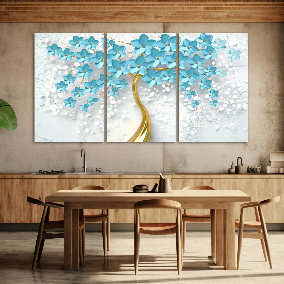 Arbre à Fleurs Turquoise Tableau en Verre Trempé