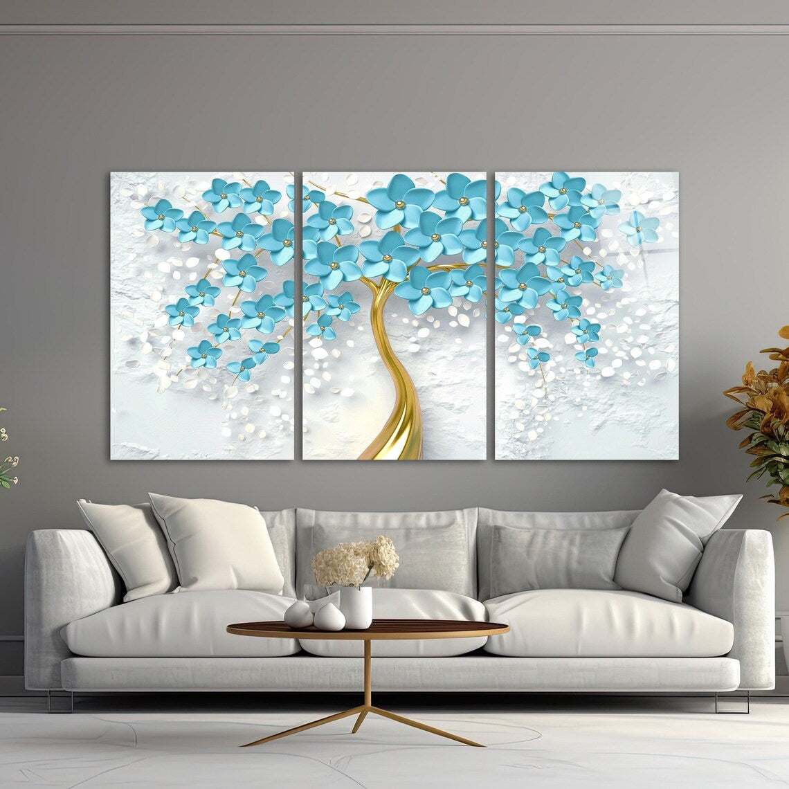 Arbre à Fleurs Turquoise Tableau en Verre Trempé