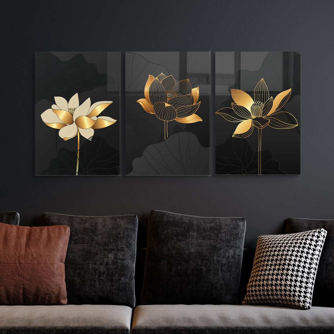 Golden Lotus Flowers Glass Wall Art