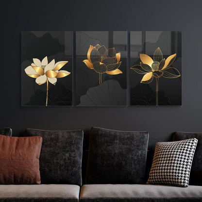 Golden Lotus Flowers Glass Wall Art