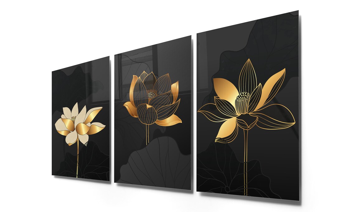 Golden Lotus Flowers Glass Wall Art