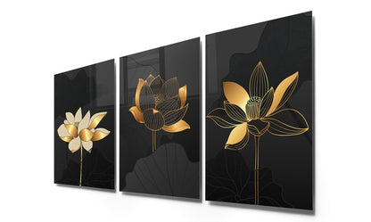 Golden Lotus Flowers Glass Wall Art