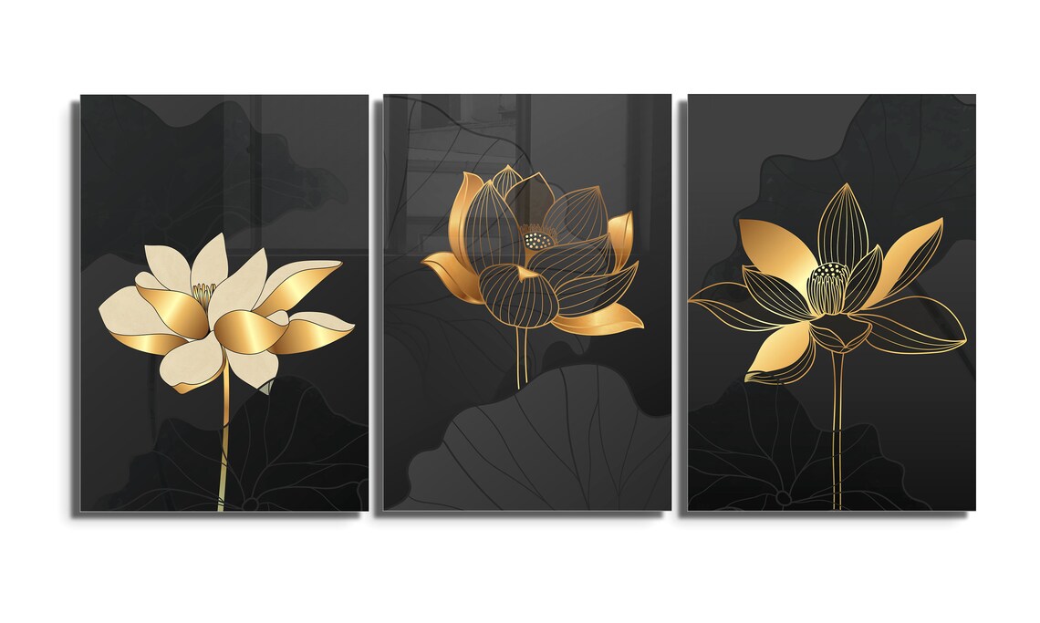 Golden Lotus Flowers Glass Wall Art