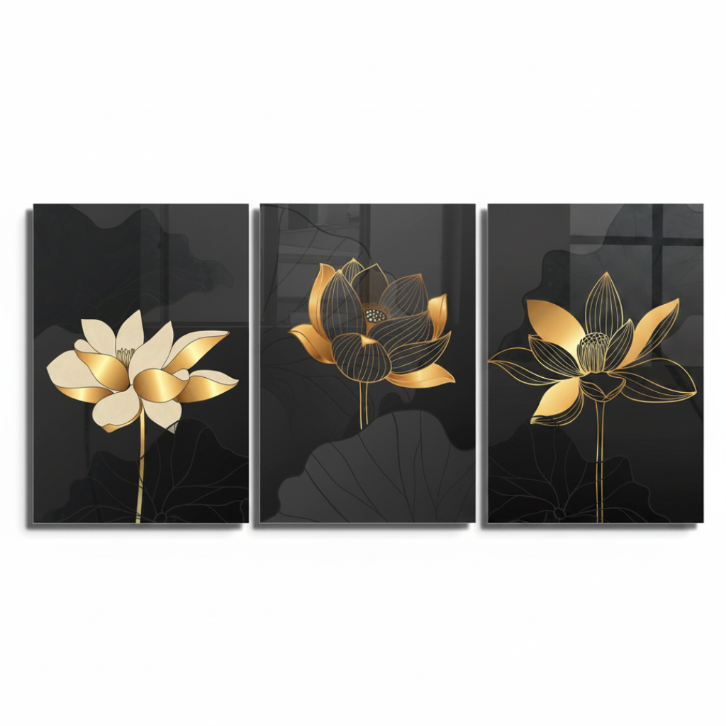 Golden Lotus Flowers Glass Wall Art