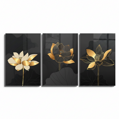 Golden Lotus Flowers Glass Wall Art