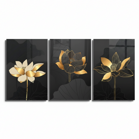 Golden Lotus Flowers Glass Wall Art