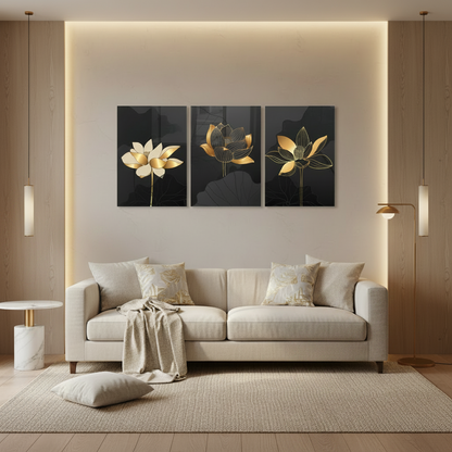 Golden Lotus Flowers Glass Wall Art