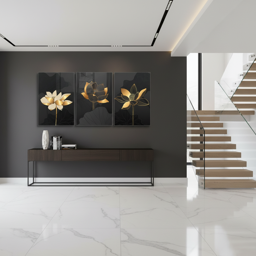 Golden Lotus Flowers Glass Wall Art