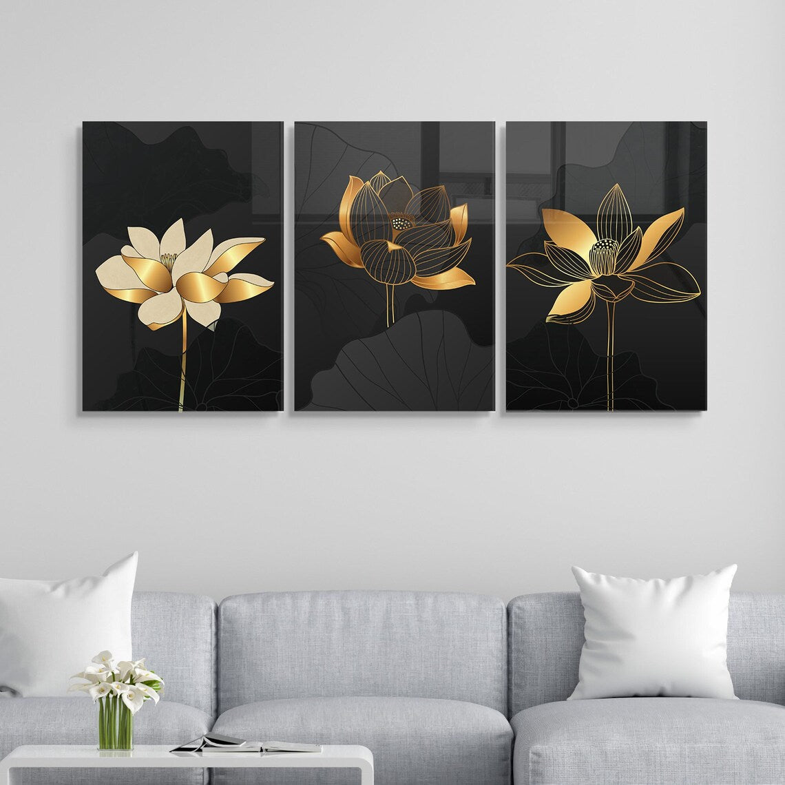 Golden Lotus Flowers Glass Wall Art