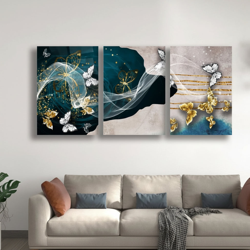 Golden Butterflies Glass Wall Art