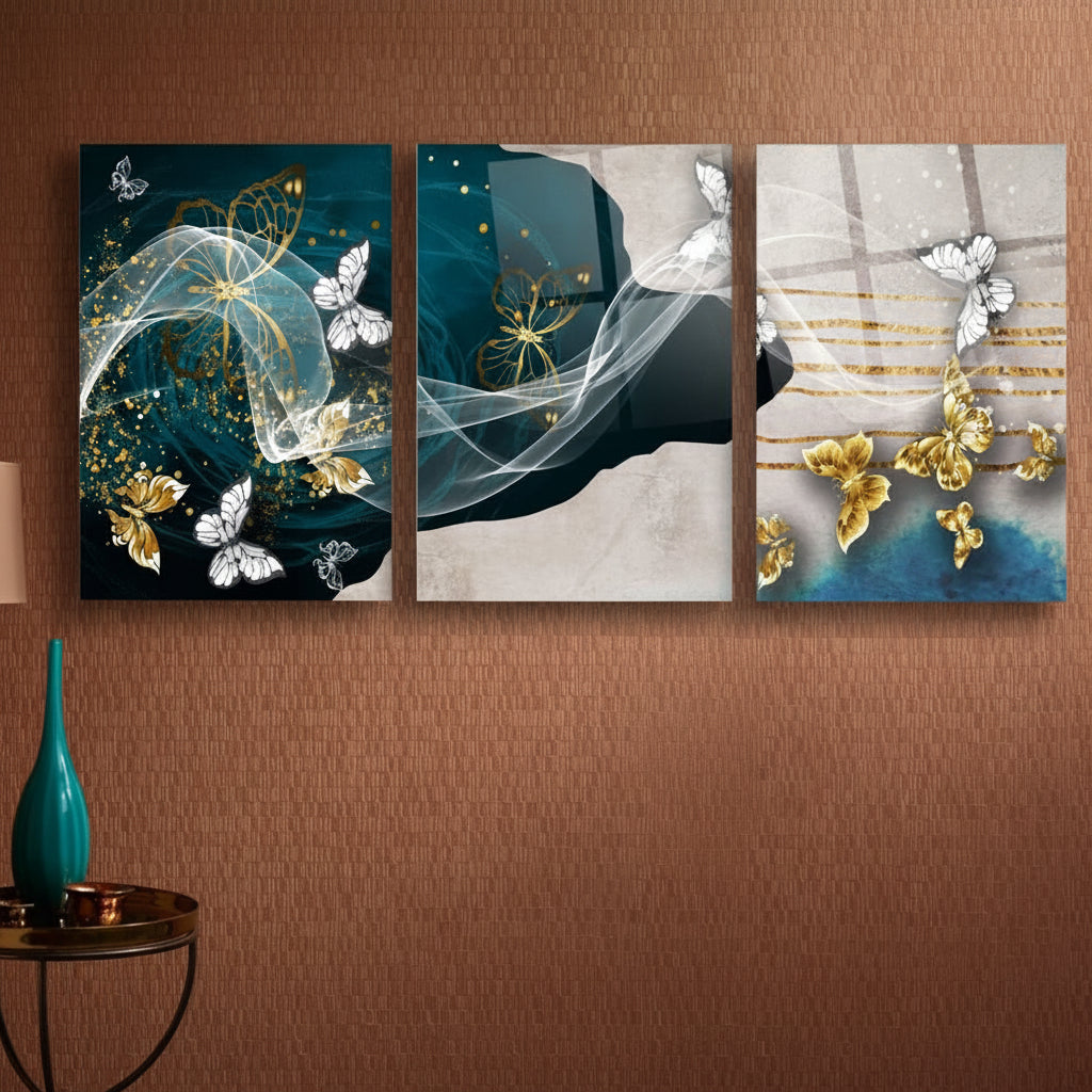 Golden Butterflies Glass Wall Art