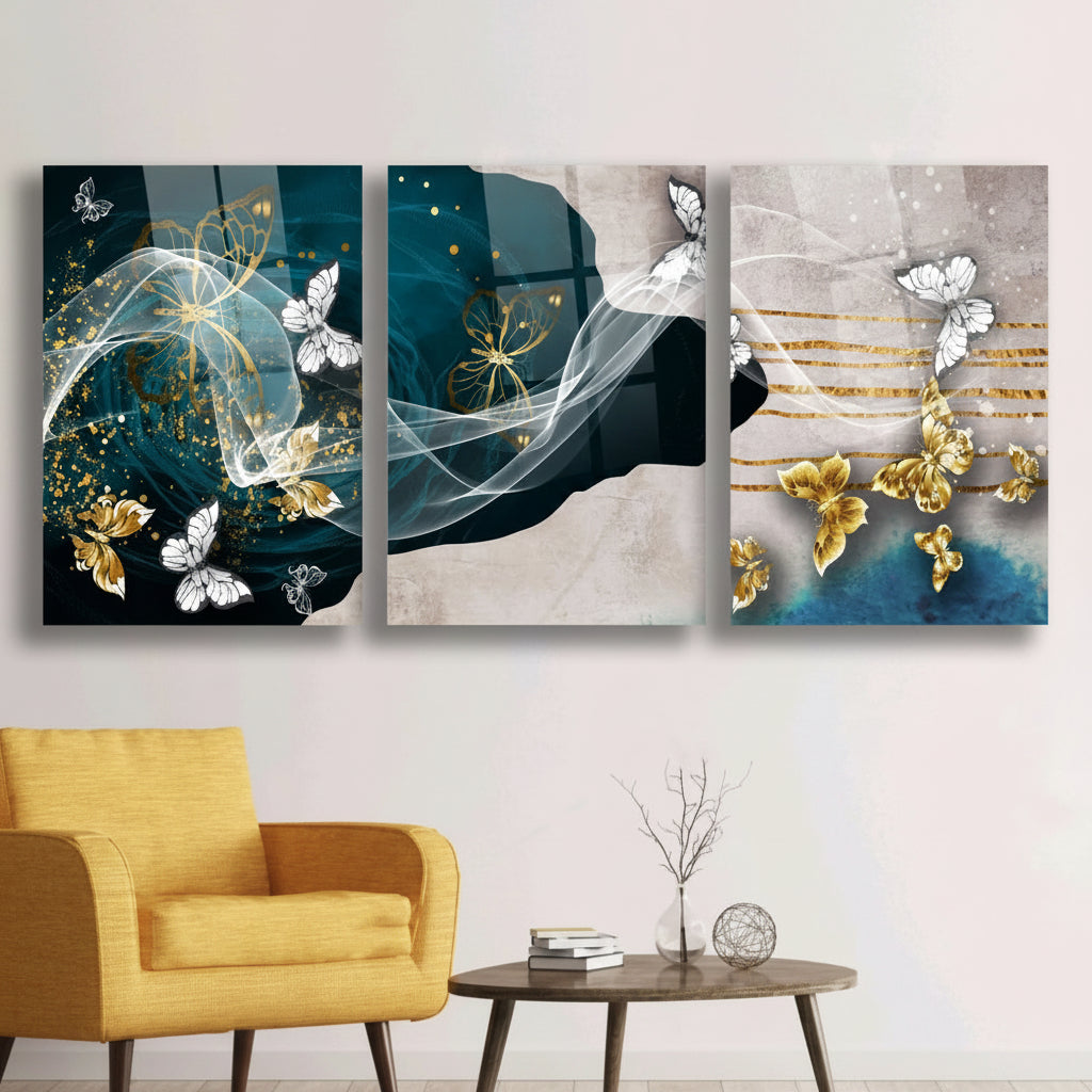 Golden Butterflies Glass Wall Art