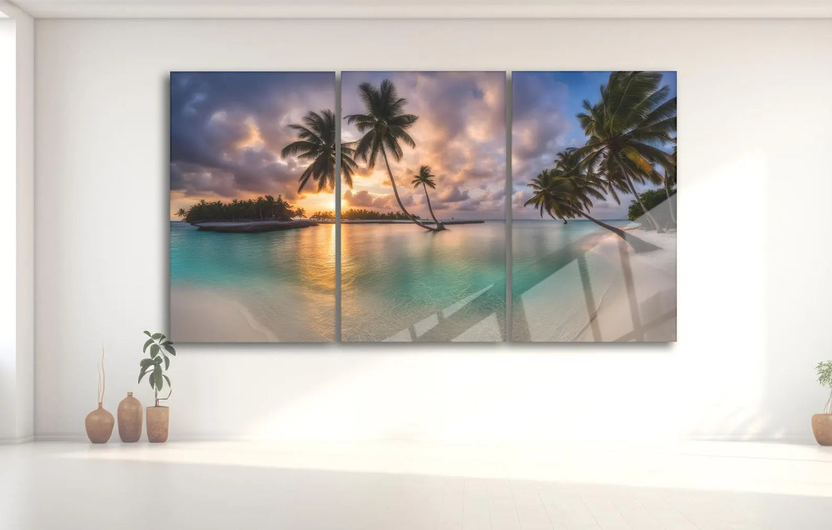 Coucher de Soleil sur Plage Tropicale Tableau en Verre Trempé