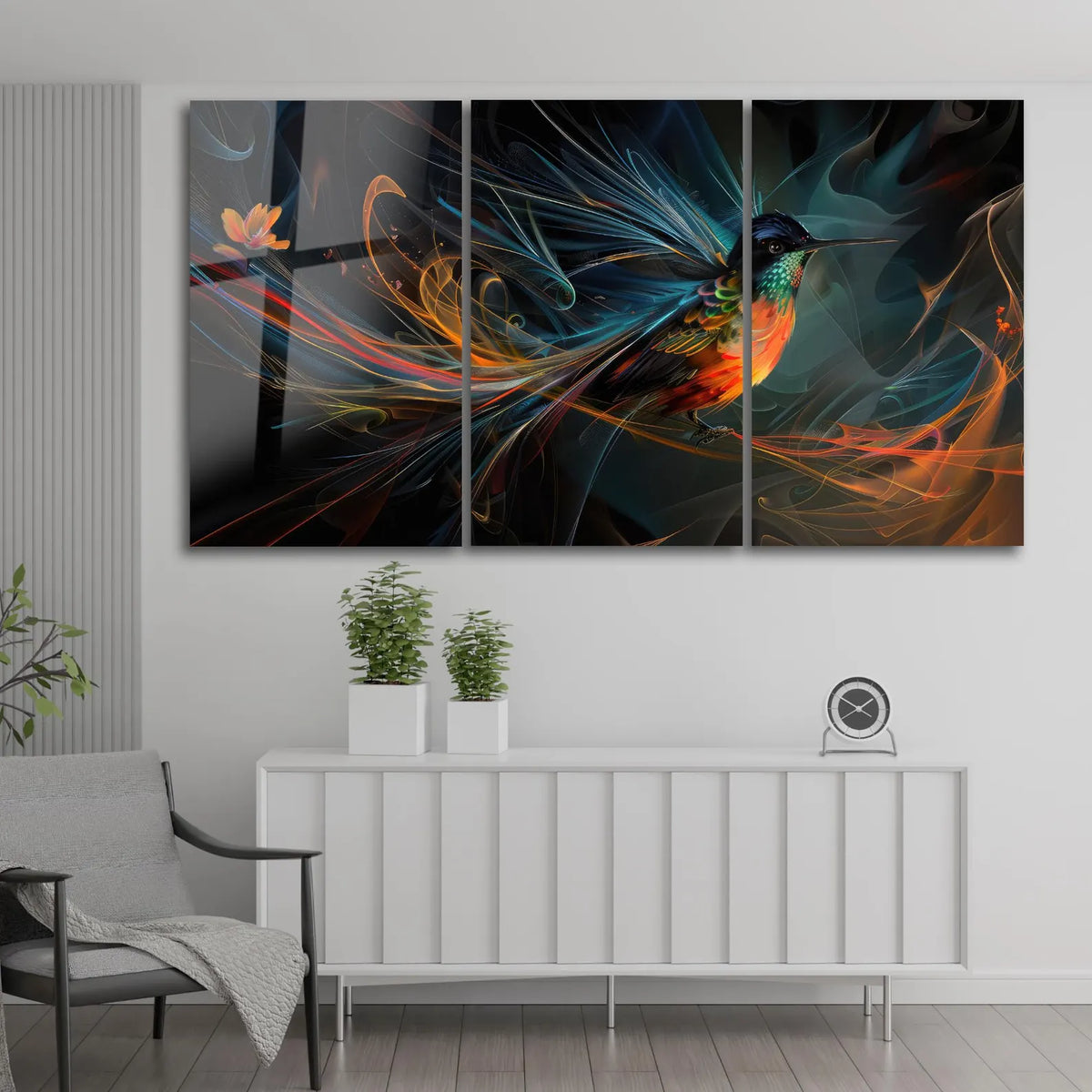 Teal and Orange Hummingbird Glass Wall Art
