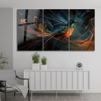 Teal and Orange Hummingbird Glass Wall Art
