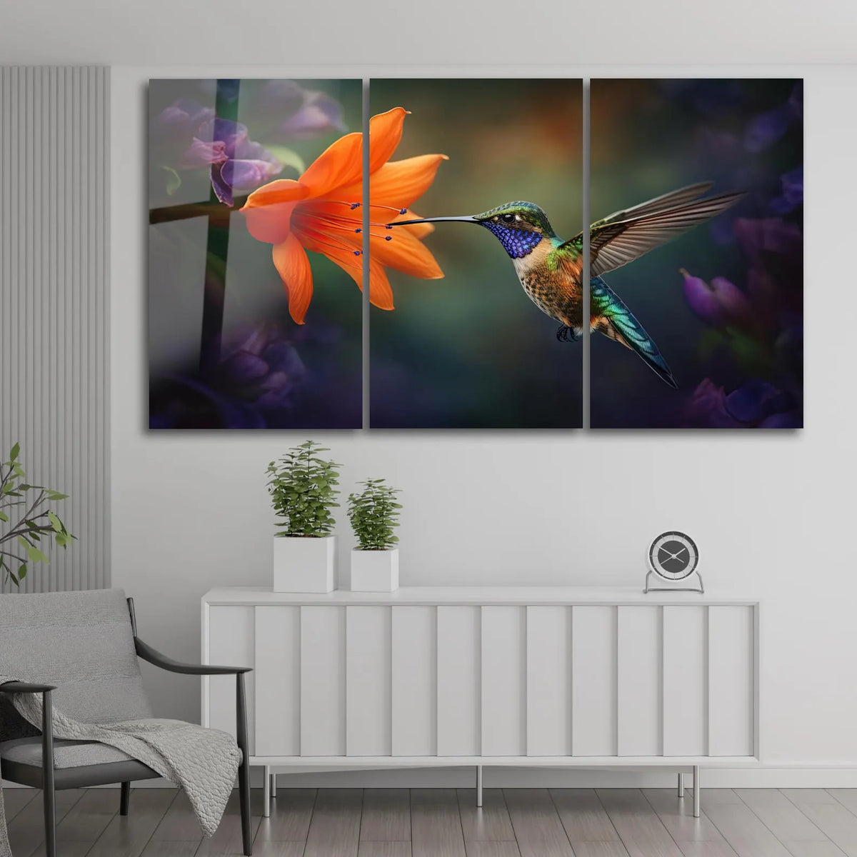 Colibri et fleur Orange Tableau en Verre Trempé