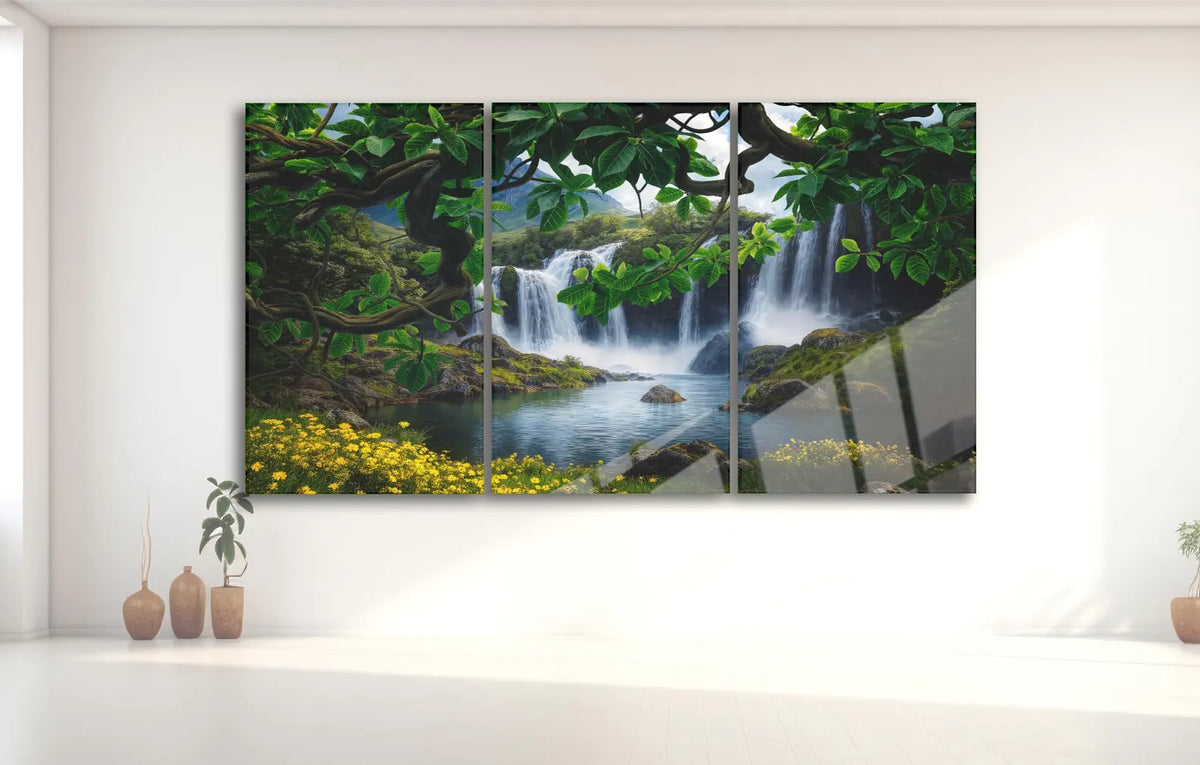 Cascade et Forêt Tableau en Verre Trempé