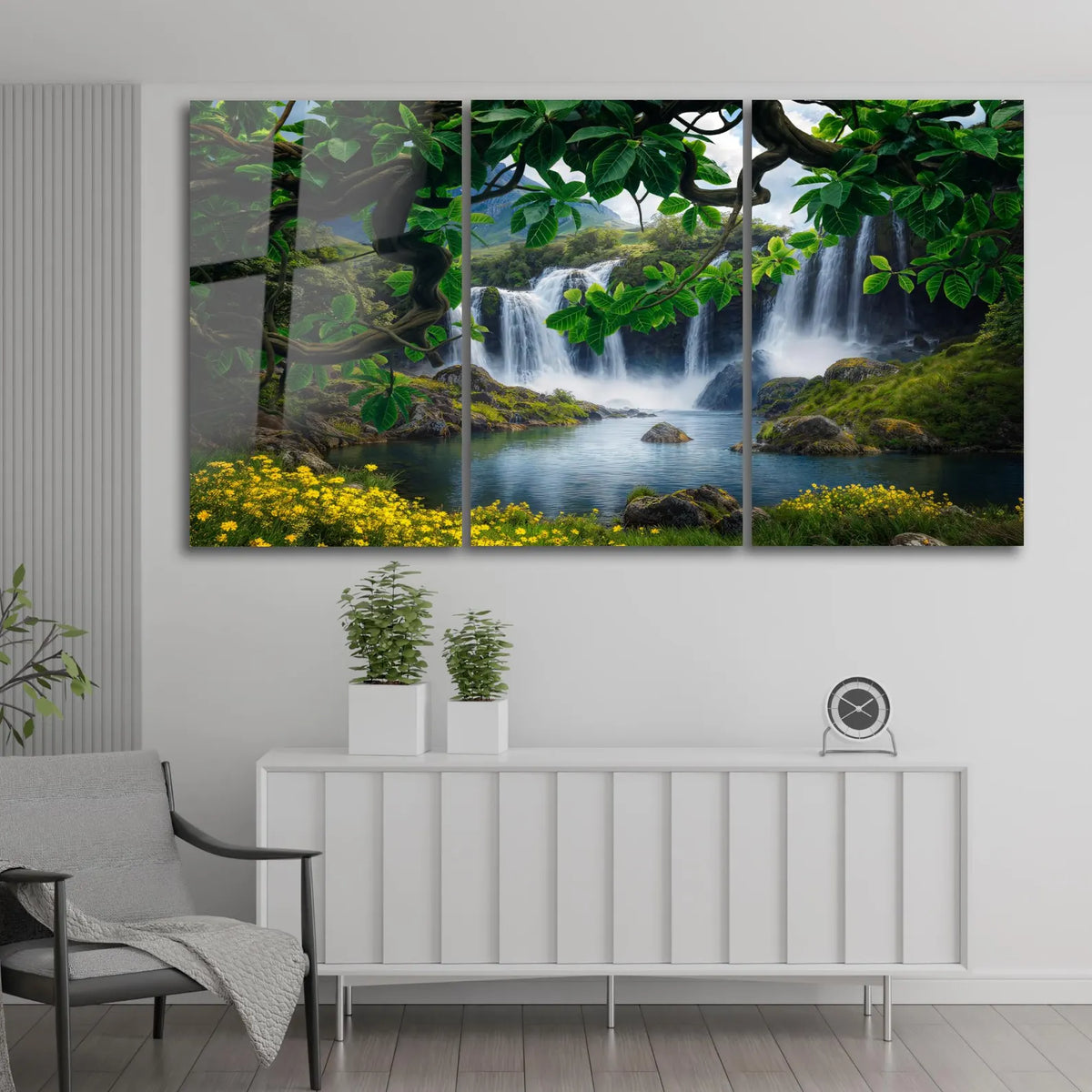 Cascade et Forêt Tableau en Verre Trempé