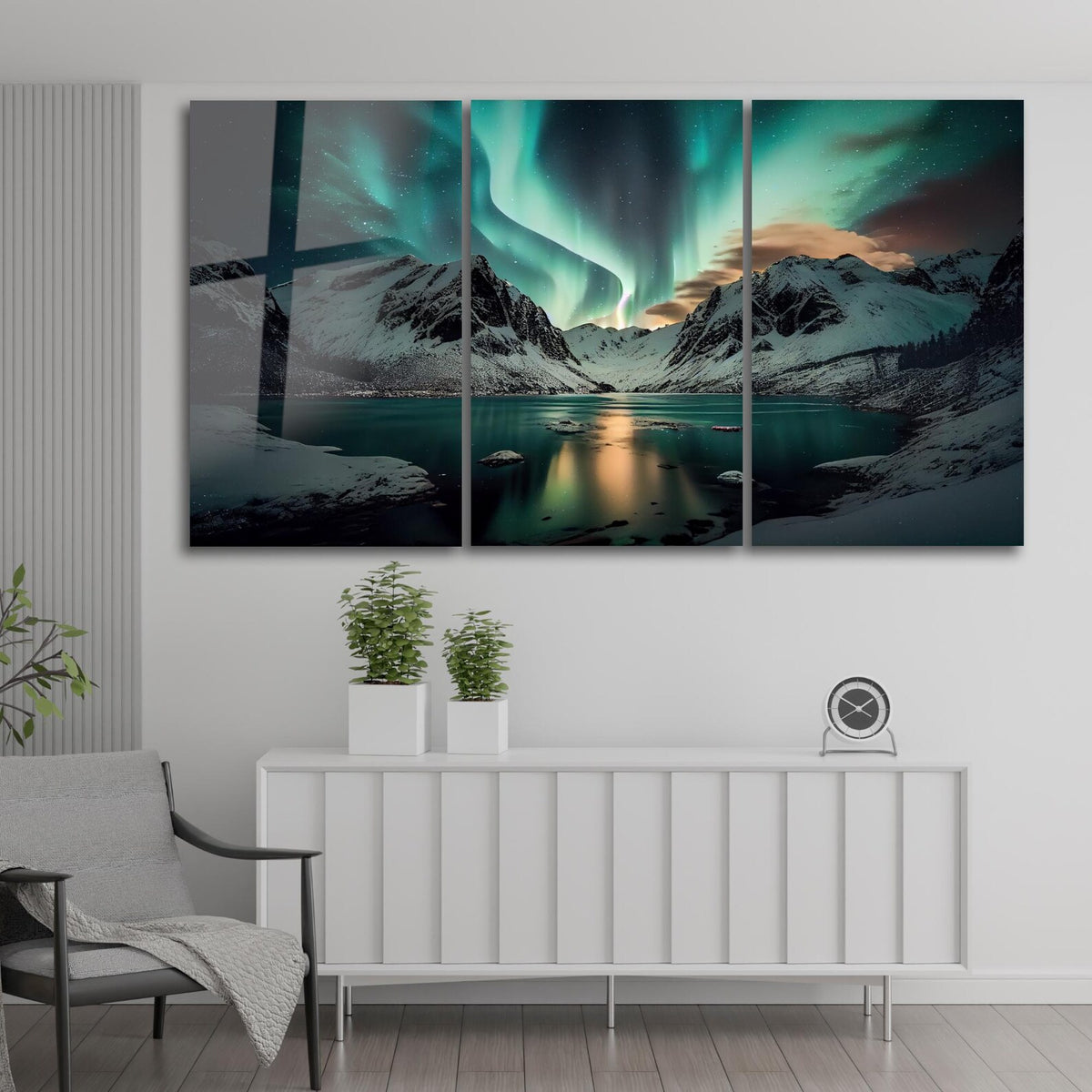 Montagna dell'Aurora Boreale Quadro in Vetro Temperato