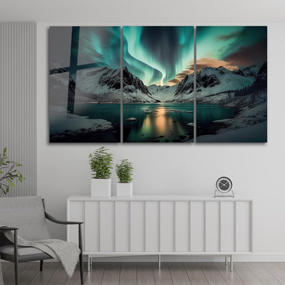 Montagna dell'Aurora Boreale Quadro in Vetro Temperato